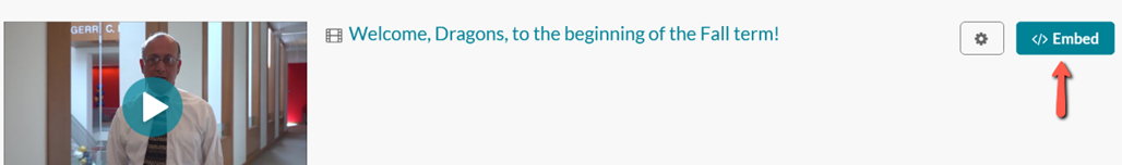 Screenshot of video in Kaltura with an arrow pointing to the "Embed" option