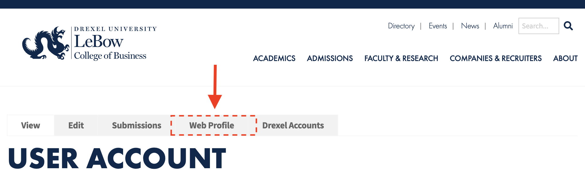 highlighted region for "Web Profile" on LeBow account task bar