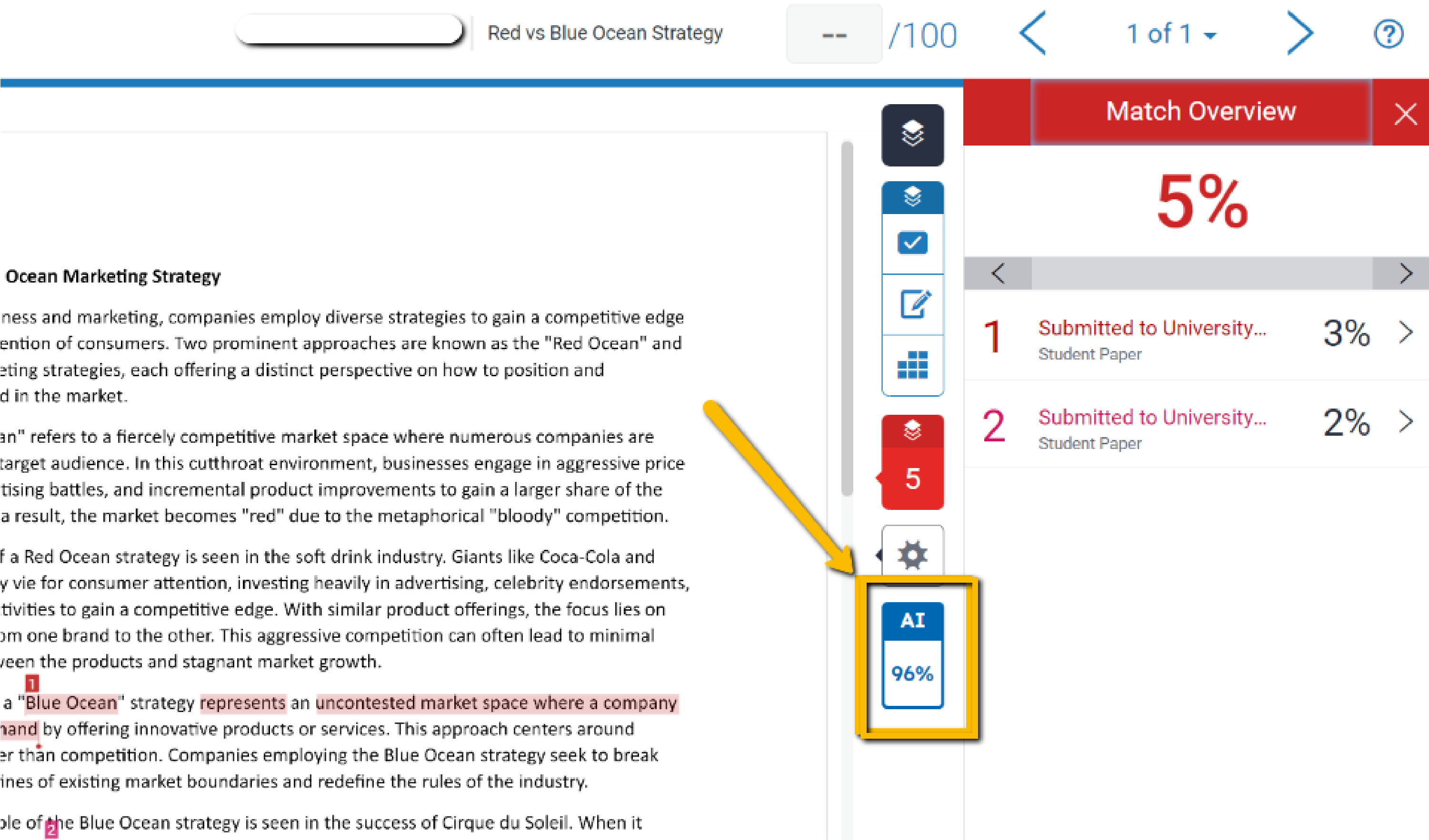 Screenshot of Turnitin similarity report, in which an arrow points to a box labeled "AI Indicator" that shows a score of 96%.