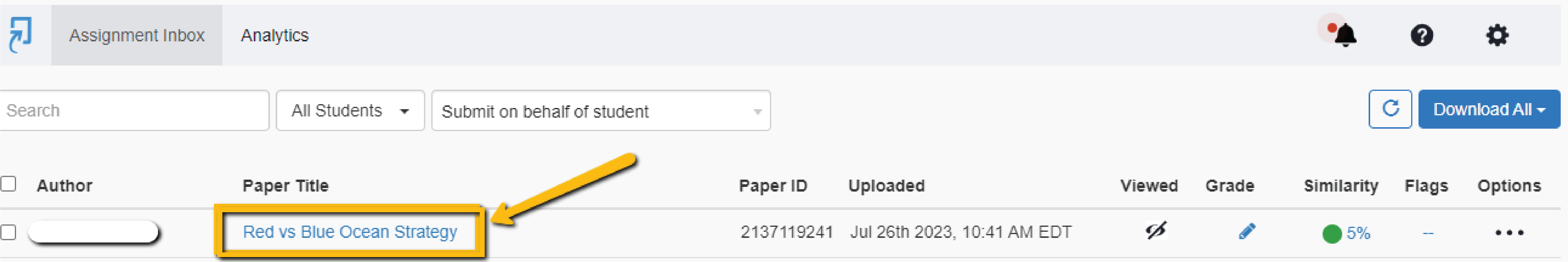 Screenshot of Turnitin Assignment Inbox with an arrow pointing to the title of a submission, which functions as a link to open the submission's similarity report