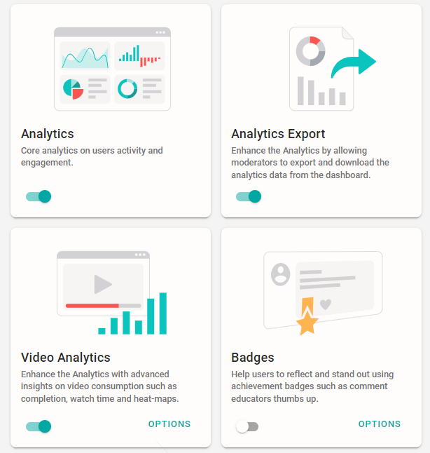 Four tiles representing different features in Annoto are displayed: Analytics, Analytics Export, Video Analytics, and Badges. The first three have an indicator that they are switched on, while the indicator on the Badges tile shows that the feature is off.