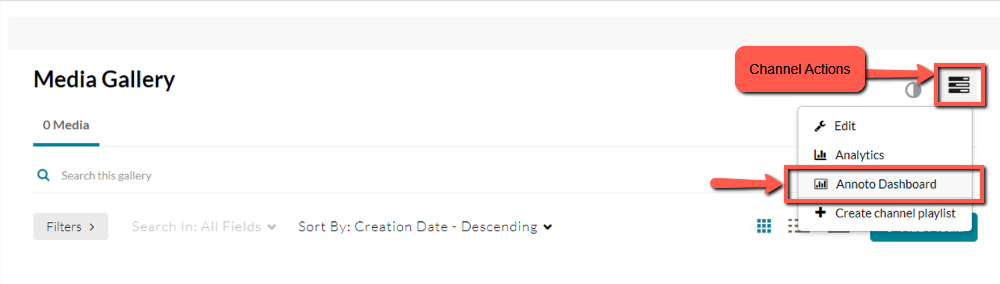 Screenshot indicating that user should access the Channel Actions menu to find the Annoto Dashboard link.