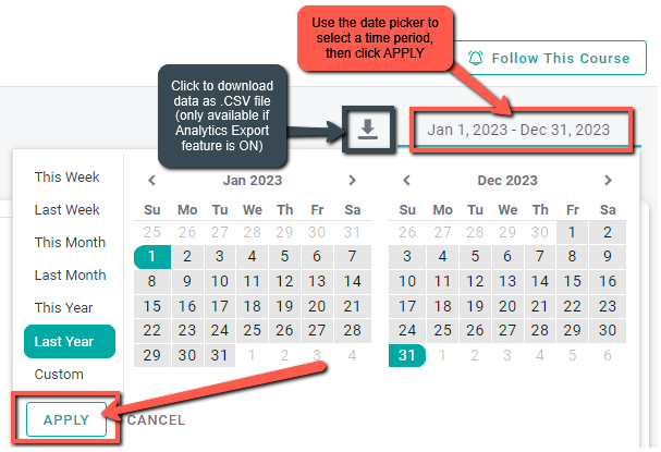 Screenshot of Annoto's Insights area with the date picker expanded on the right side. Select start and end dates in order to choose the time period to show.  To the left of the date picker is a download icon that is available when Analytics Export is turned on.