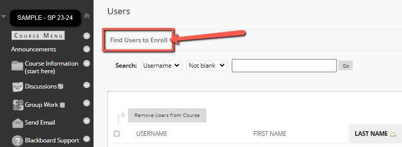 Screenshot of Users page with an arrow pointing at a link titled "Find Users to Enroll"