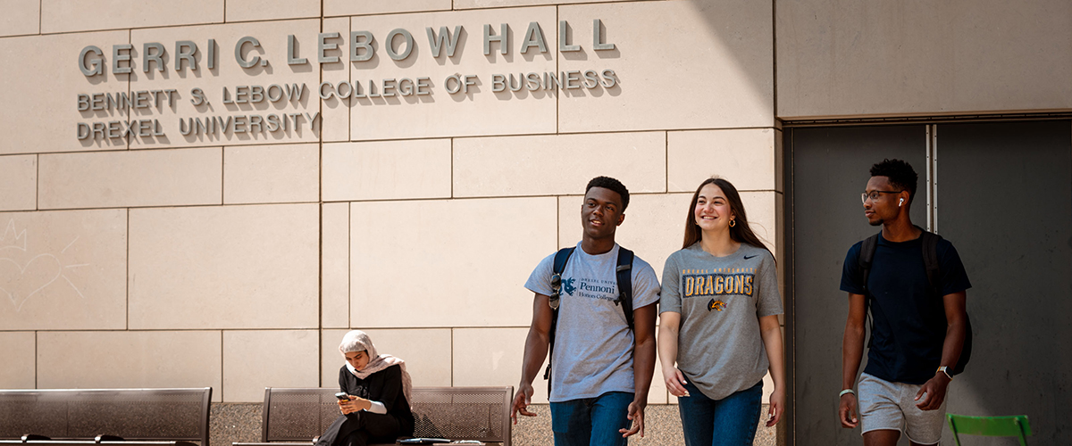 happy students outside of LeBow Hall