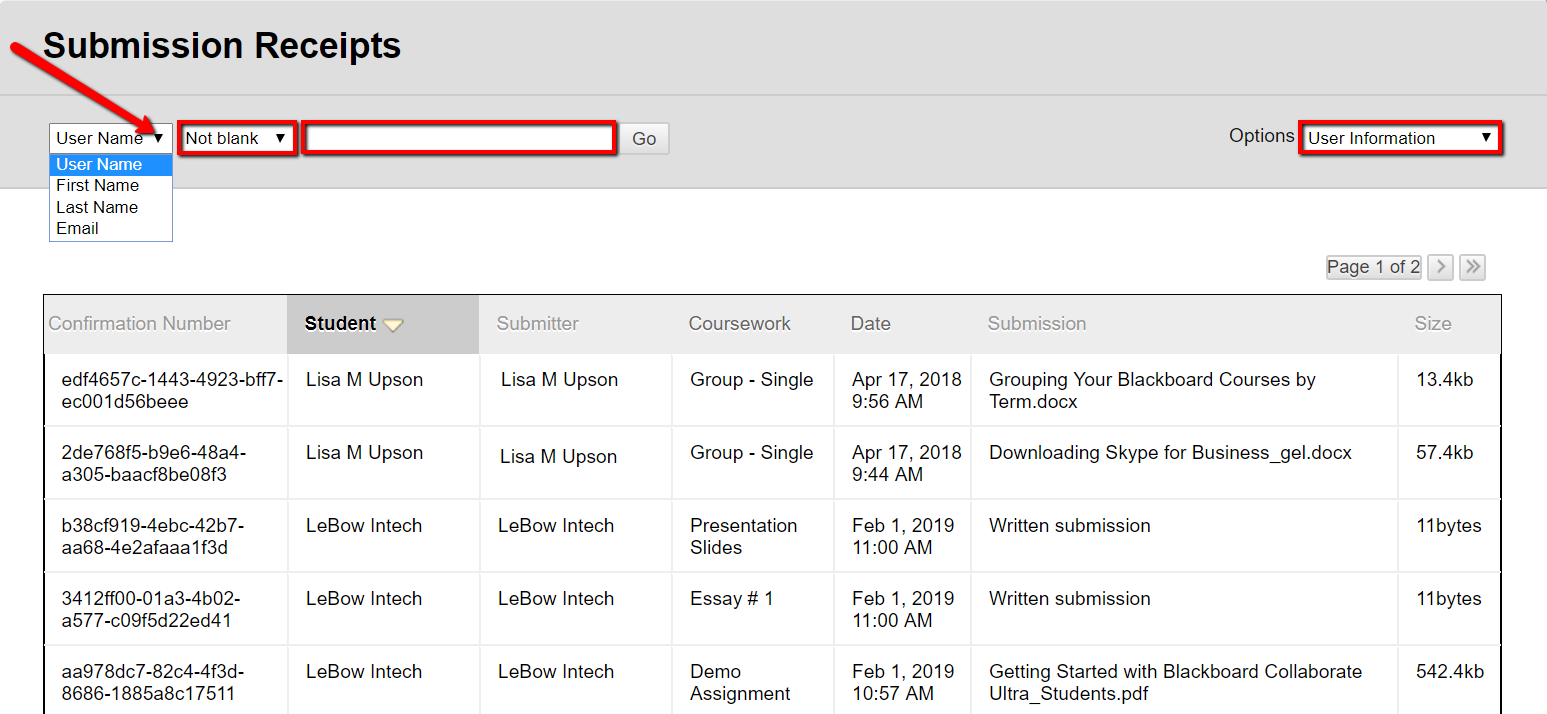 Submission receipt filtering and organization tools