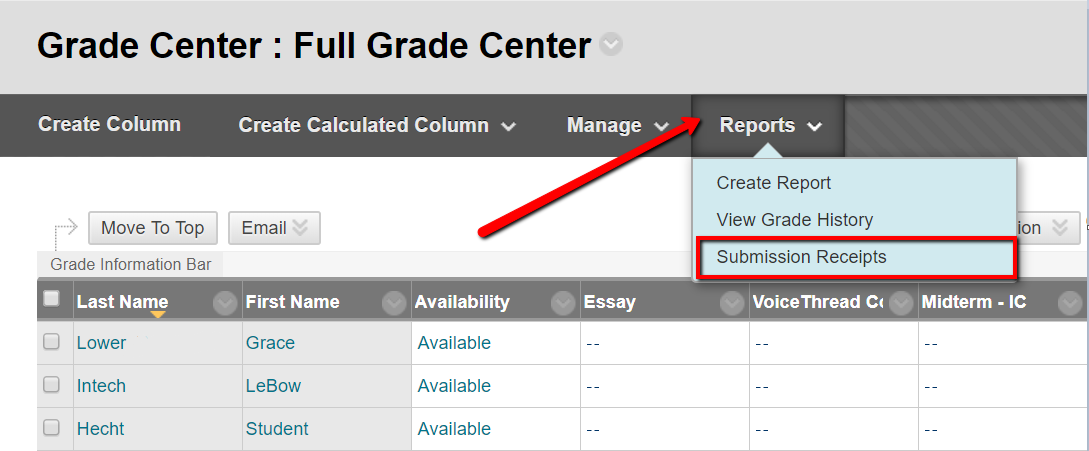 Screen capture of Submission Receipts "Reports" tool